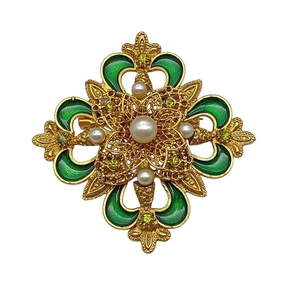 Ornate Vintage Gold-Tone Maltese Cross Brooch with Green Enamel & Faux Pearl Acc - Picture 2 of 3